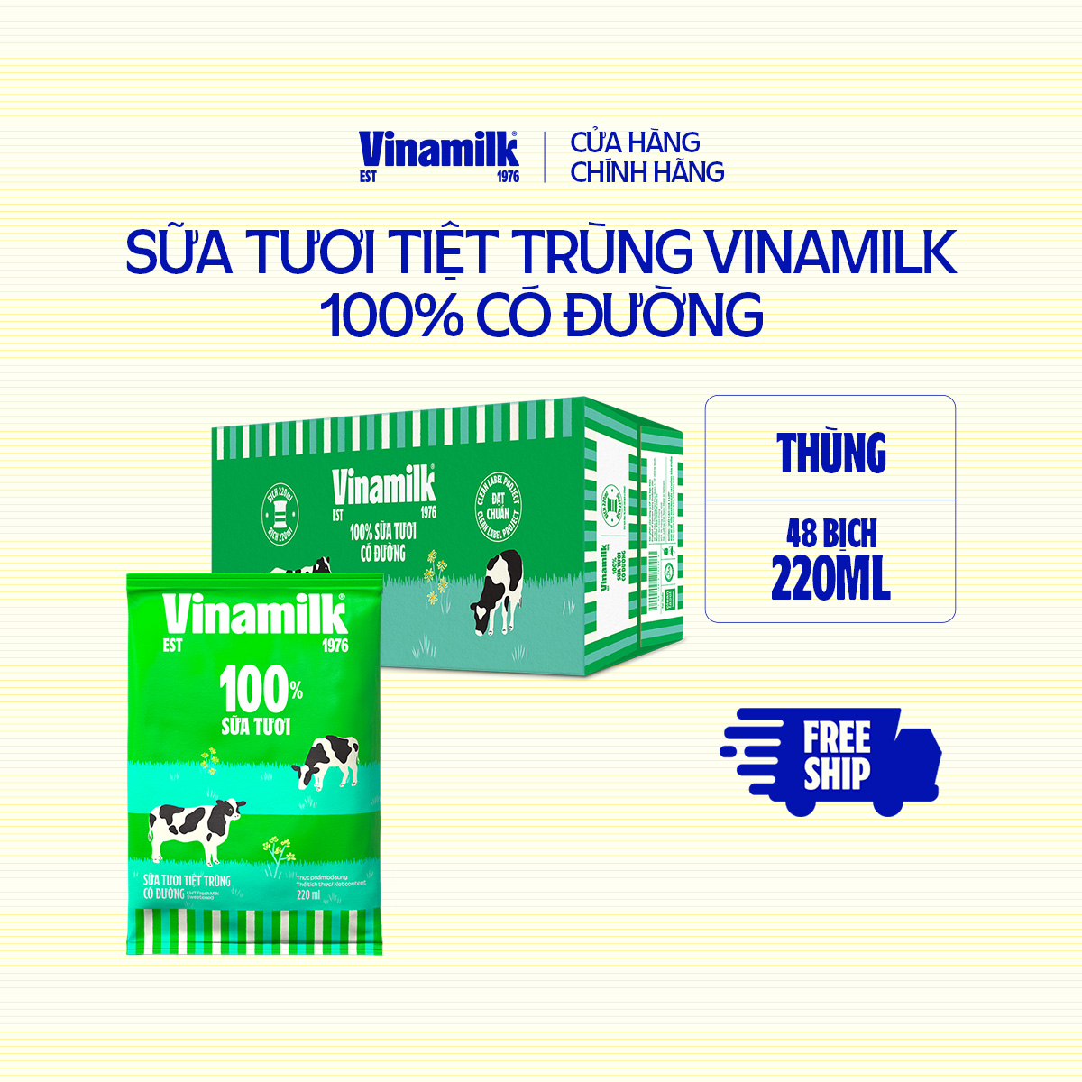 Thùng 48 bịch Sữa tươi tiệt trùng có đường Vinamilk 100 Sữa tươi 220ml