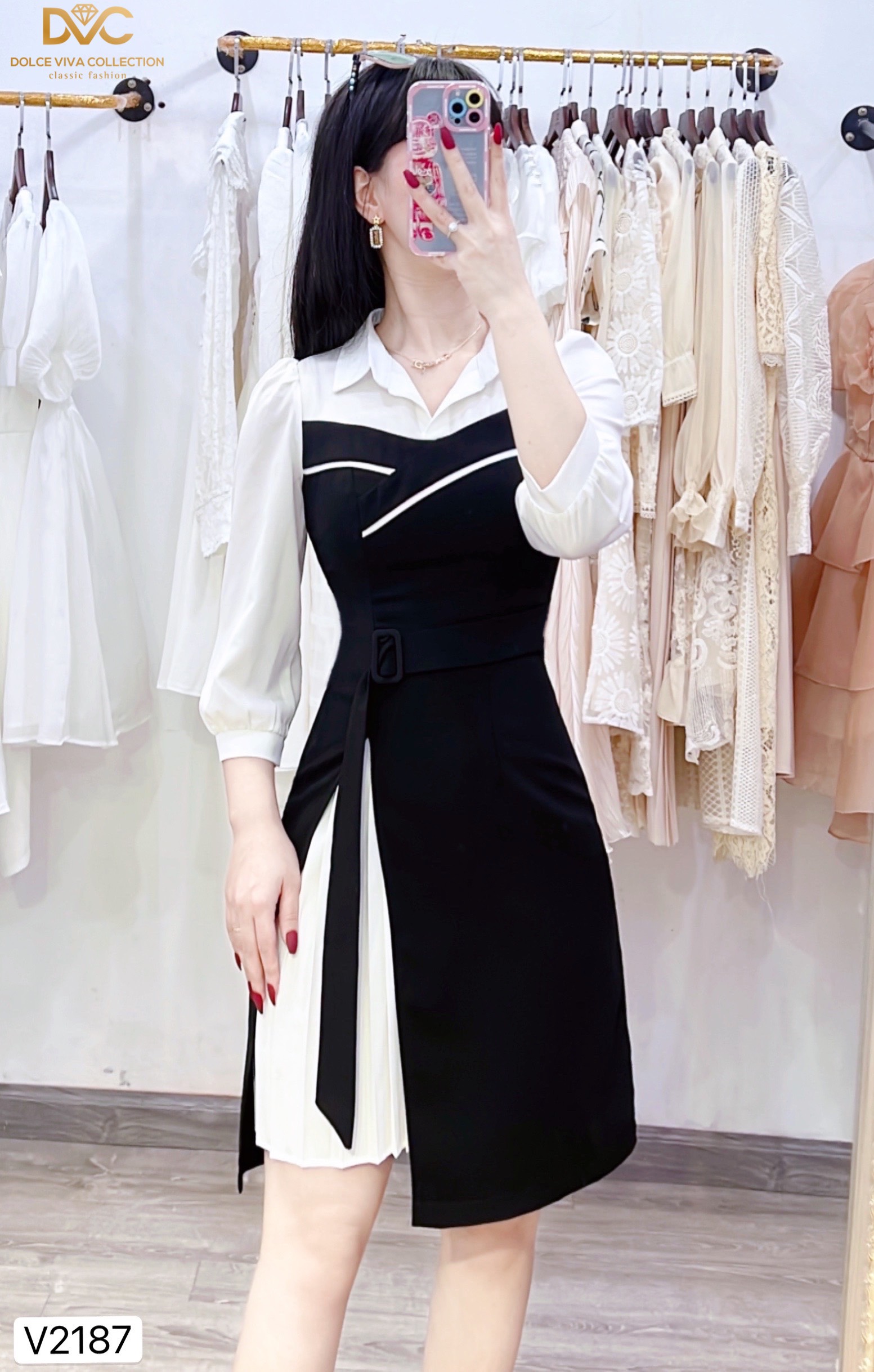 Váy đen phối trắng cổ sơ mi V2187 - DOLCE VIVA COLLECTION
