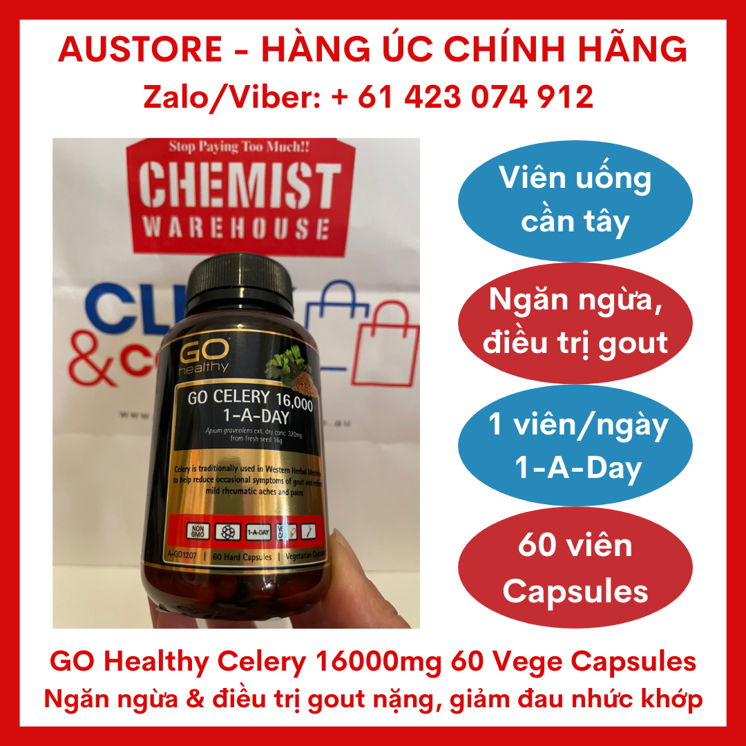 [Bill Úc, Date mới] GO Healthy Celery 16000mg 60 Vege Capsules - Viên hỗ trợ phòng ngừa & điều trị bệnh gout GO Healthy hàm lượng siêu cao 1 viên/ngày giúp giảm nhẹ các triệu chứng bệnh gút & đau nhức do viêm khớp nhẹ