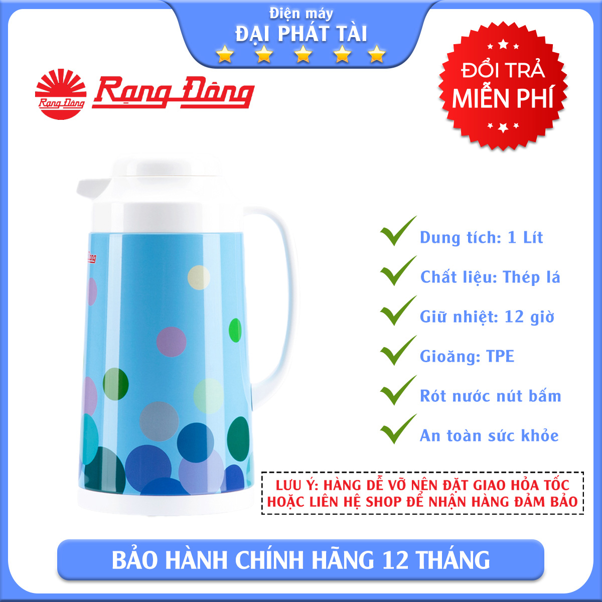 [HCM]Bình Thủy 1 Lít Rạng Đông RD1040 TS (trắng bông)