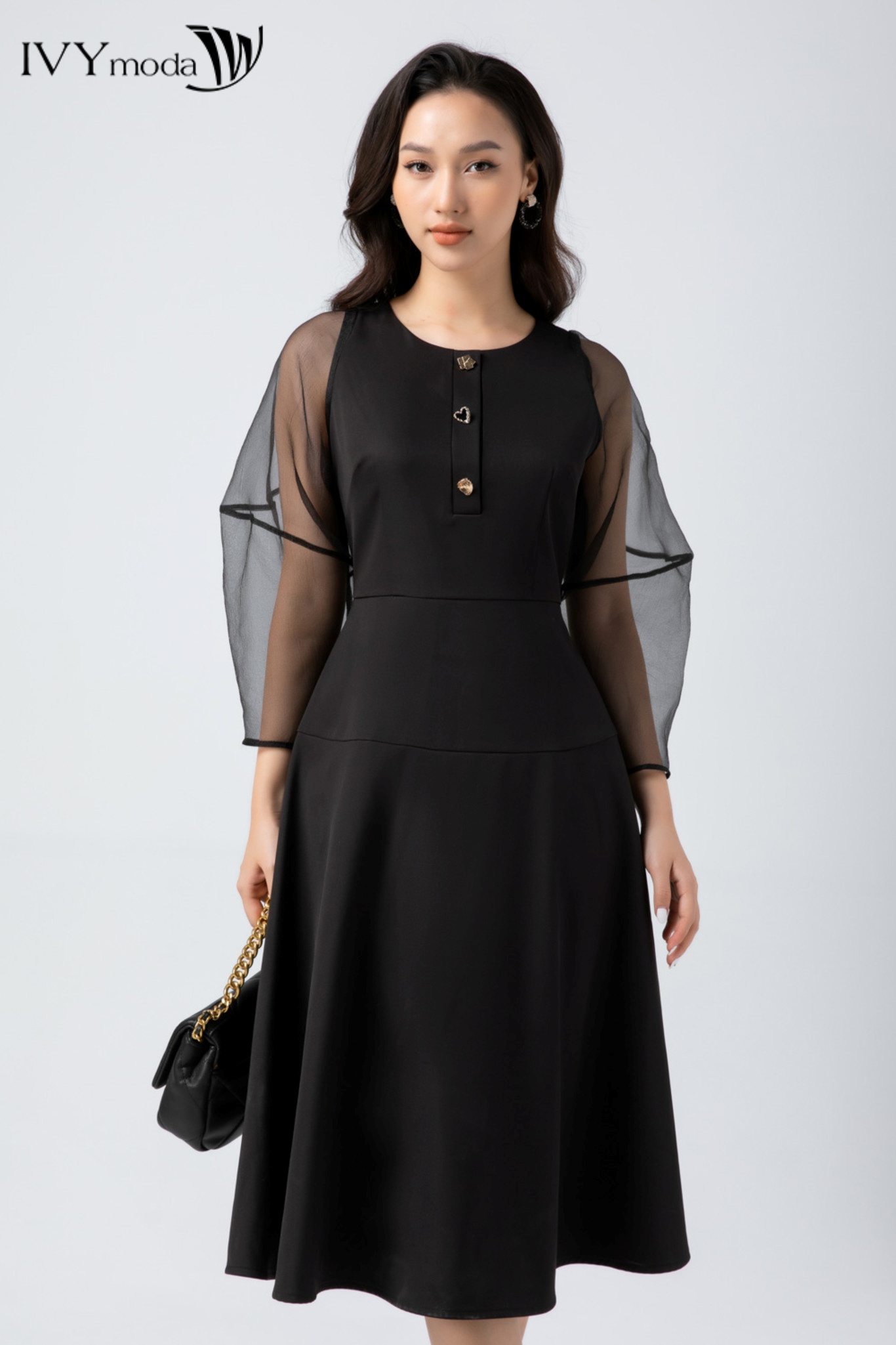 Đầm xòe tay phối lưới ivy moda ms 48m7048