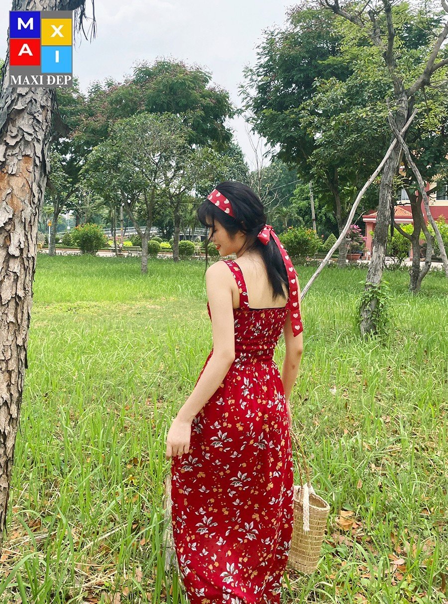 Đầm 2 Dây Hoa Đỏ Maxi Đẹp Hottrend Freesize Cho Nàng