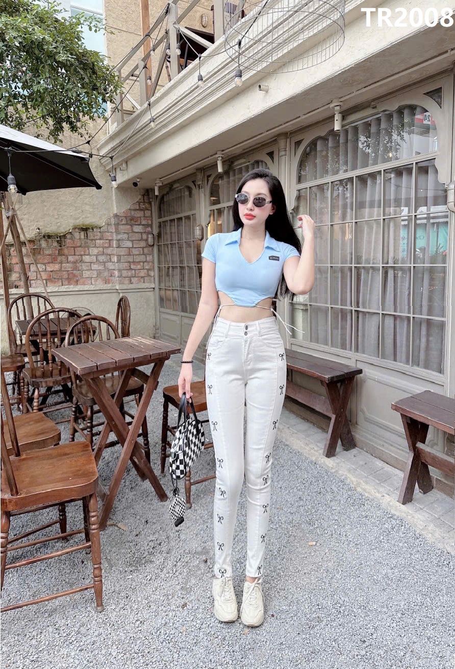 Quần jean nữ ống ôm thêu nơ sườn có 2 màu phog cách douyin từ 40-70kg