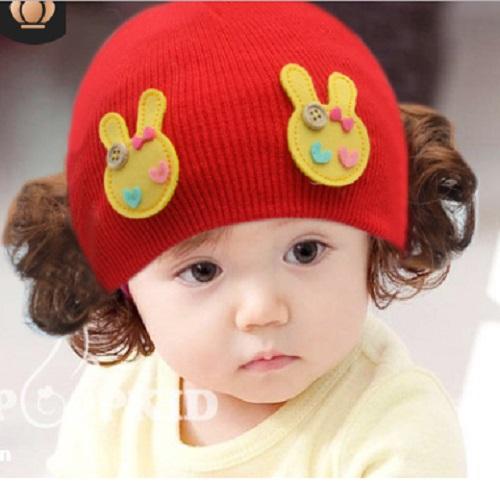 Mũ len tóc giả cho bé gái 0 - 3 tuổi