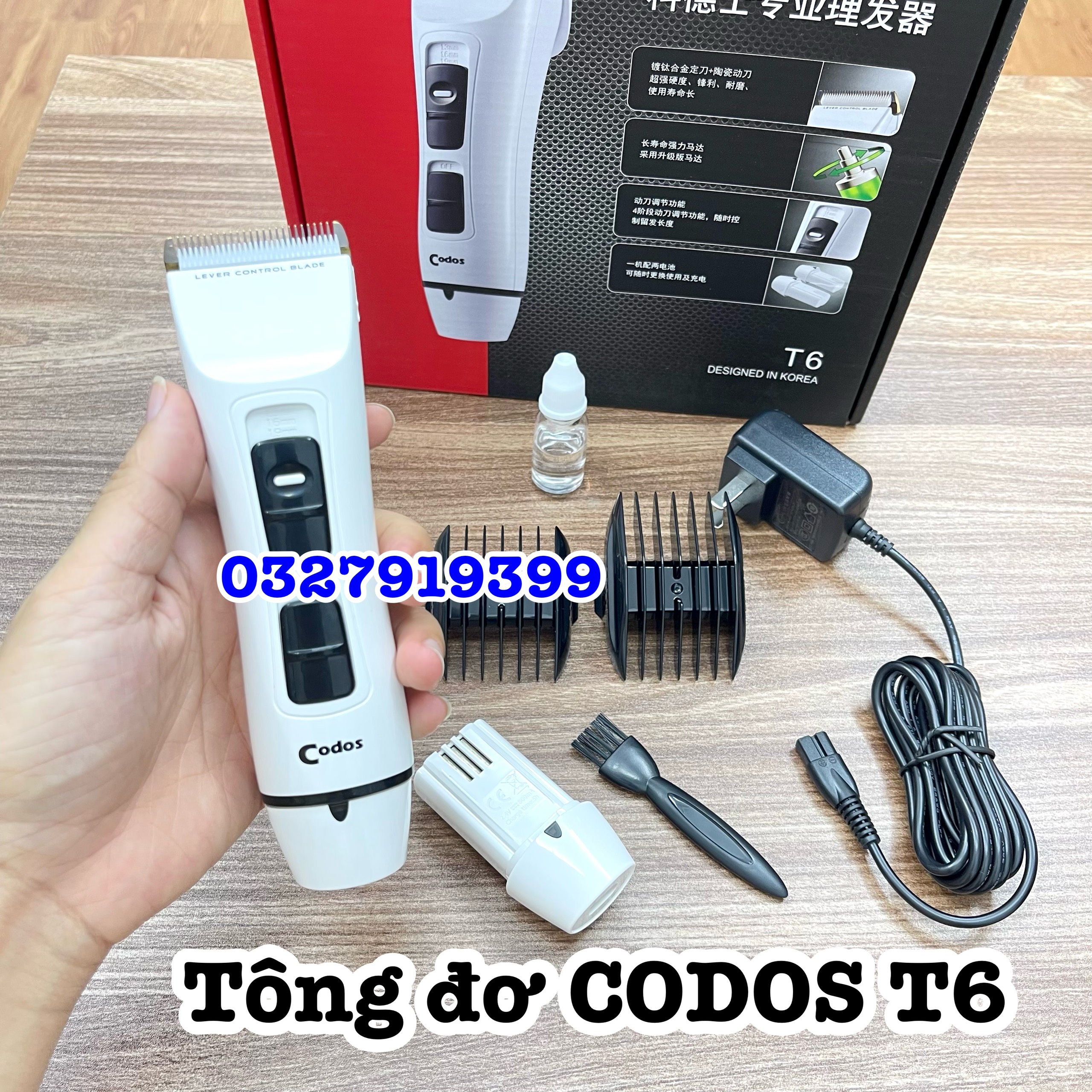 Codos 2-Battery Hair Clipper Codos T6 High-End, Compact, Led Light Displays Usage Time, 120 Minutes, 800Mah Battery, Suitable for Home and Salon