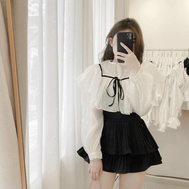 [HCM]Set áo sơ mi bèo phồng váy dập 2 tầng