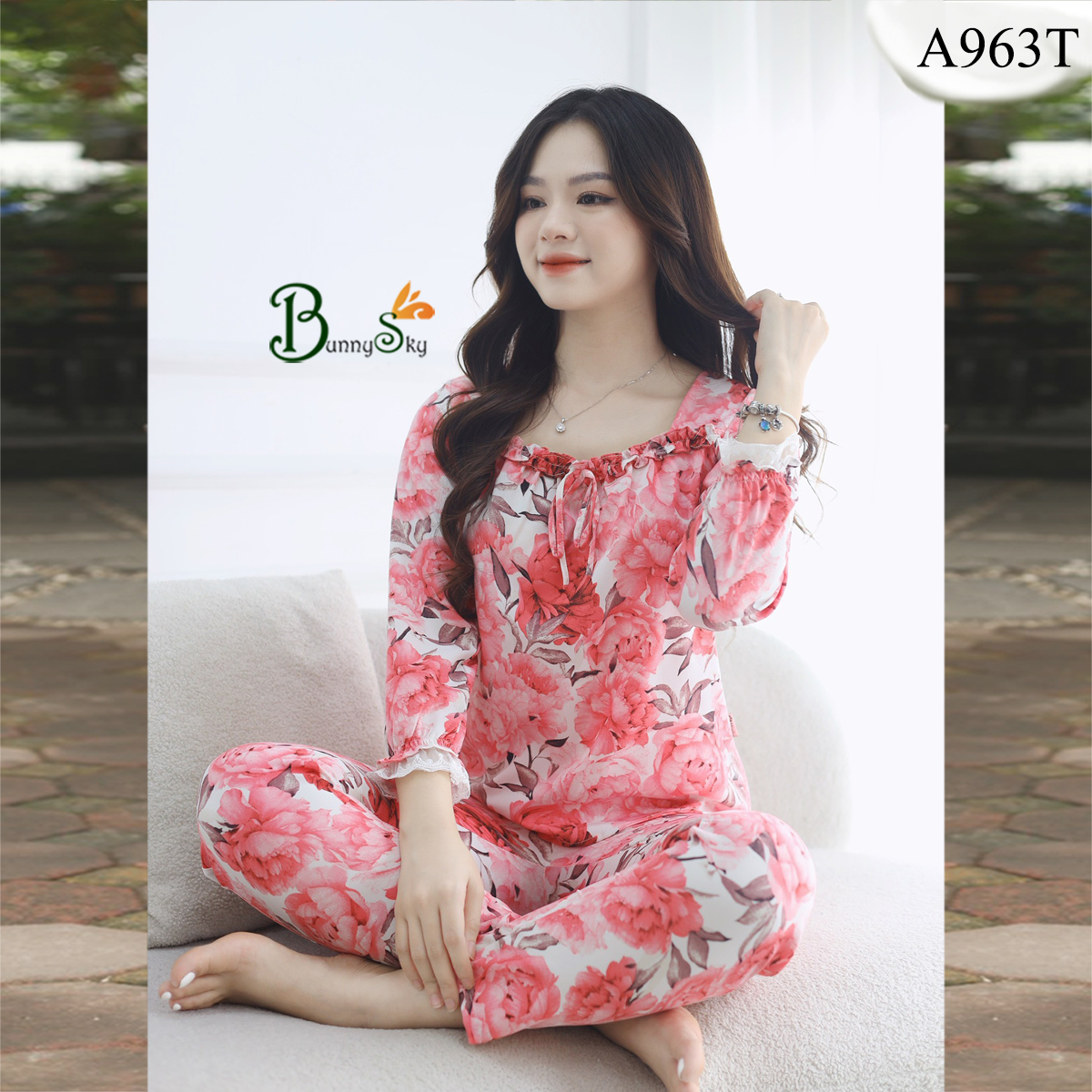 Đồ bộ mặc nhà nữ, bộ thiết kế áo cộc quần dài cổ vuông nhún bèo mặc nhà sang chảnh