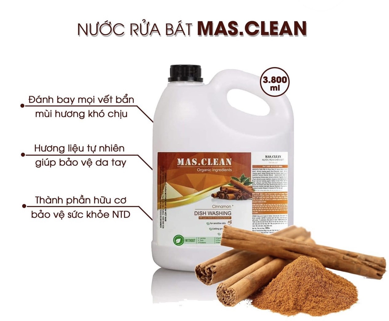 Nước rửa chén bát hữu cơ MasClean 3.8l/rửa ly/rửa bình sữa