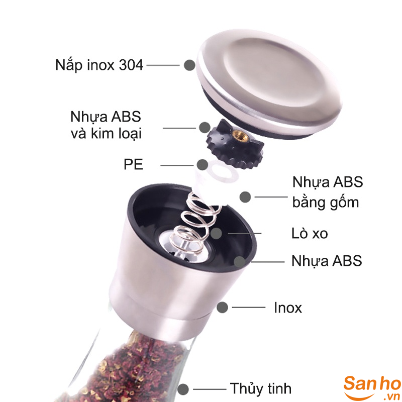 Lọ xay tiêu mini nắp inox 304 cao cấp