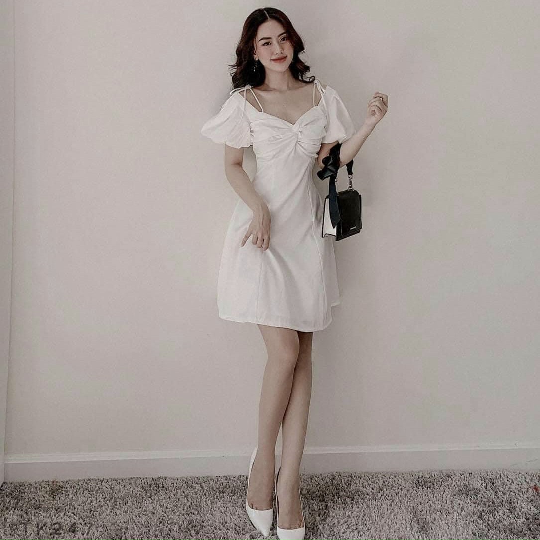 Đầm xoắn ngực nơ vai 2 màu