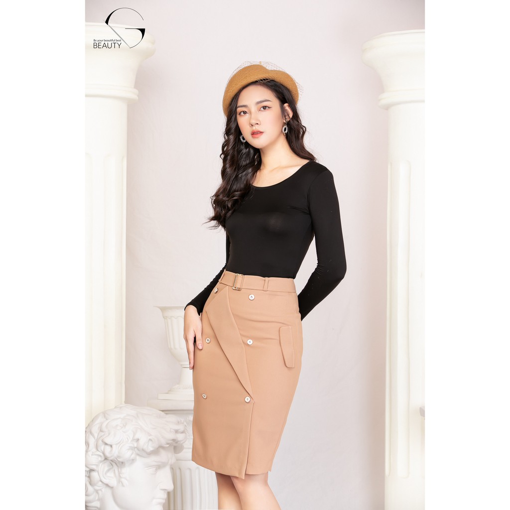G beauty Chân Váy Phối Cúc Be