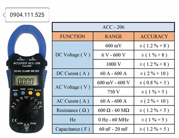 [HCM]Ampe kìm đo dòng AC/DC ACCUTEST ACC-206 (600A)