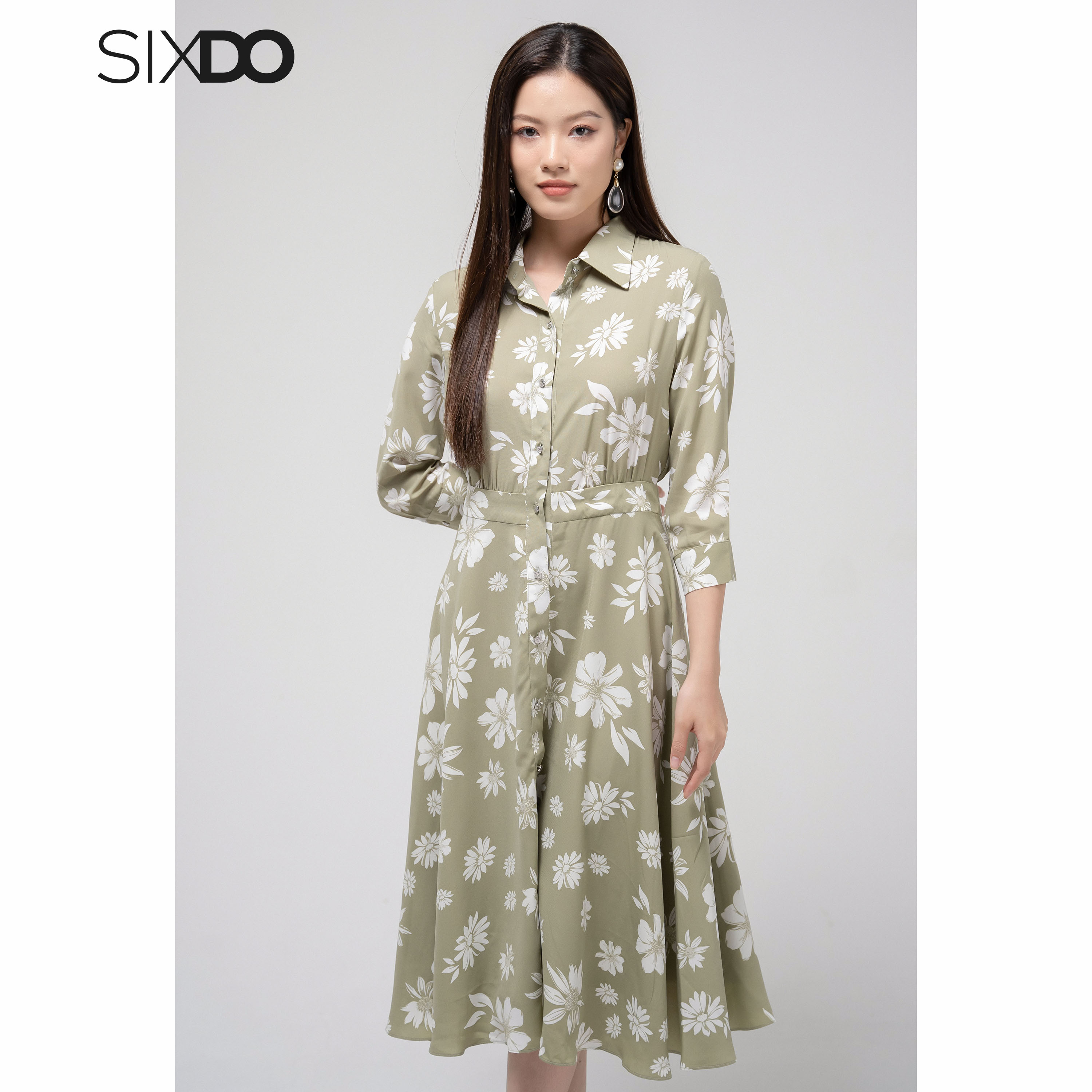 Đầm sơ mi lụa họa tiết hoa SIXDO (Olive Floral Midi Silk Dress)