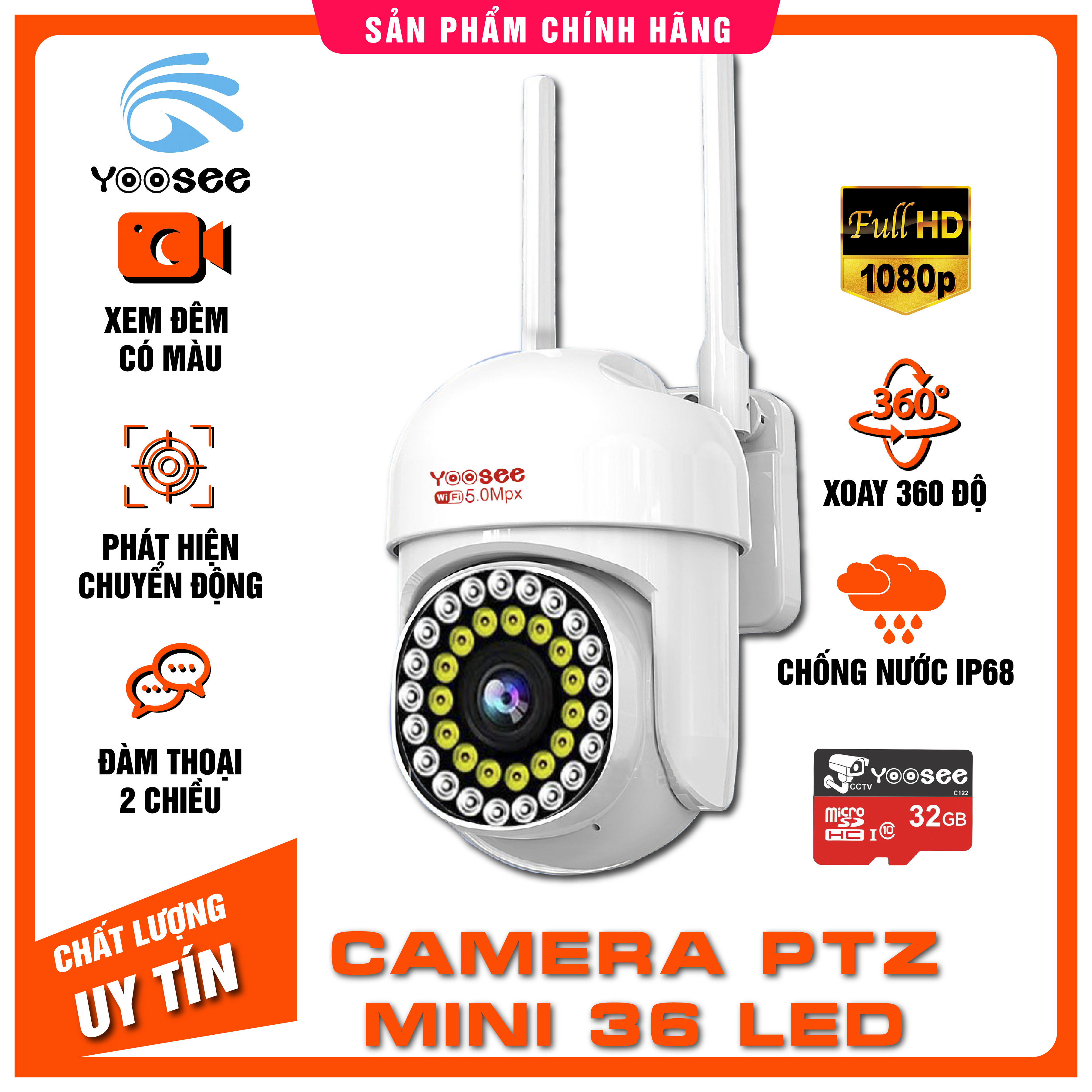 Camera Yoosee Wifi không dây Ngoài Trời PTZ mini 36LED 5.0Mpx 1080P xoay 360 độ  - chống nước xem đêm có màu - BH 6 tháng lỗi 1 đổi 1