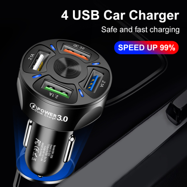 Bảng giá 【CNUH MALL】 3A QC3.0 4 USB Car Charger PC Chất liệu chống cháy Đầu ra ổn định Dòng điện Một đèn LED cho bốn bộ sạc điện thoại trên ô tô Phong Vũ