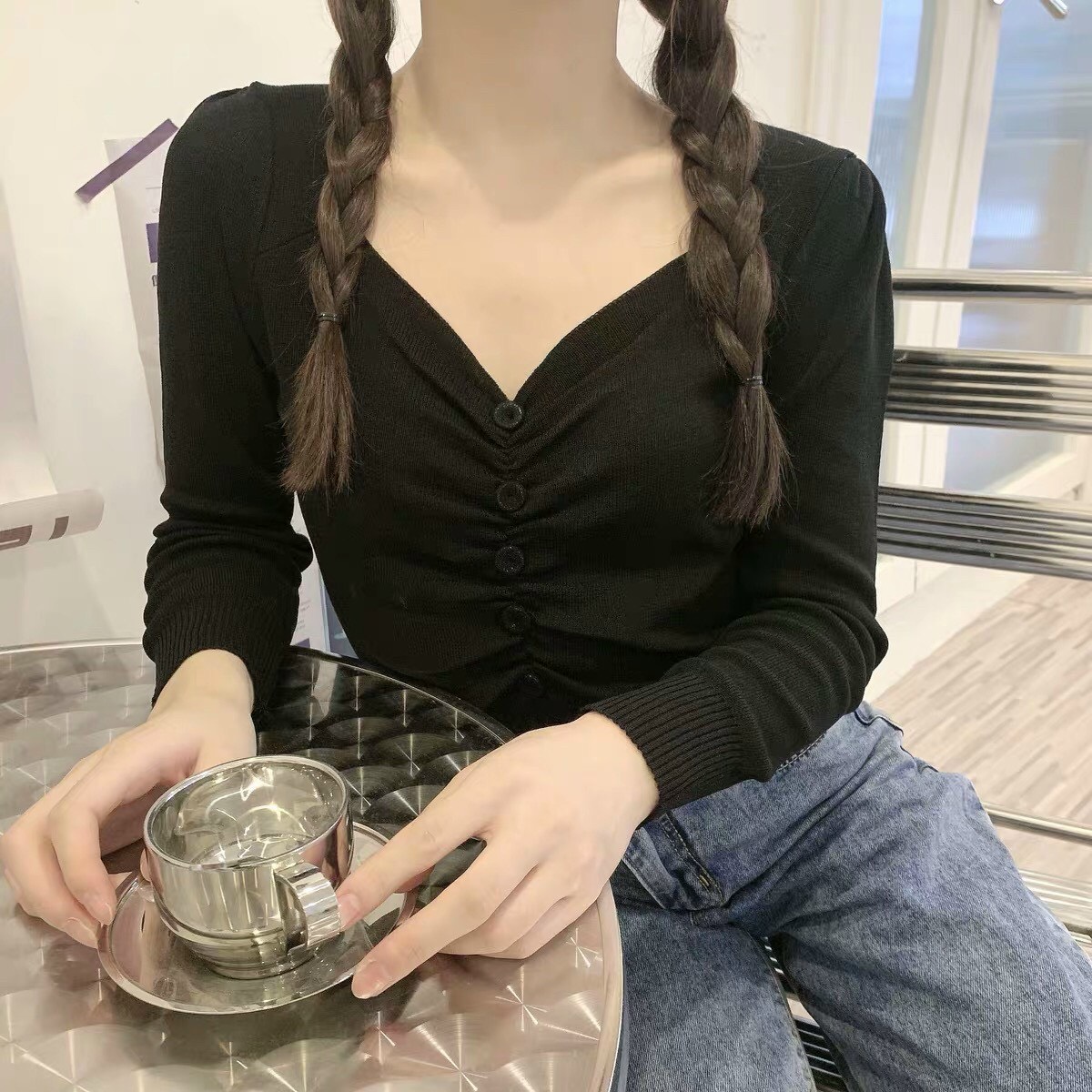 Áo gân tay dài cổ tim nhún ngực phối nút cute TTSA0838
