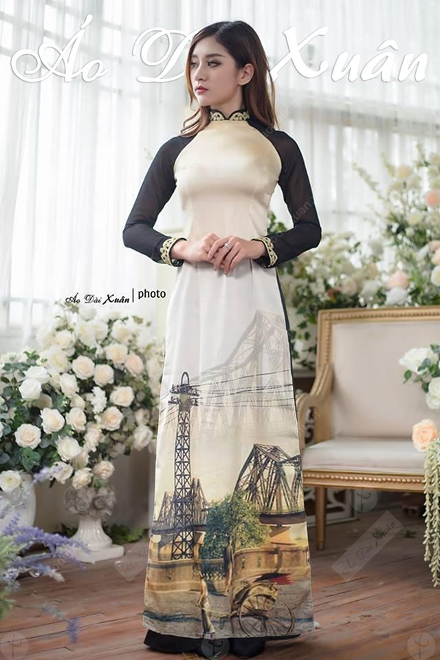 áo dài in tranh cầu Long Biên vải lụa