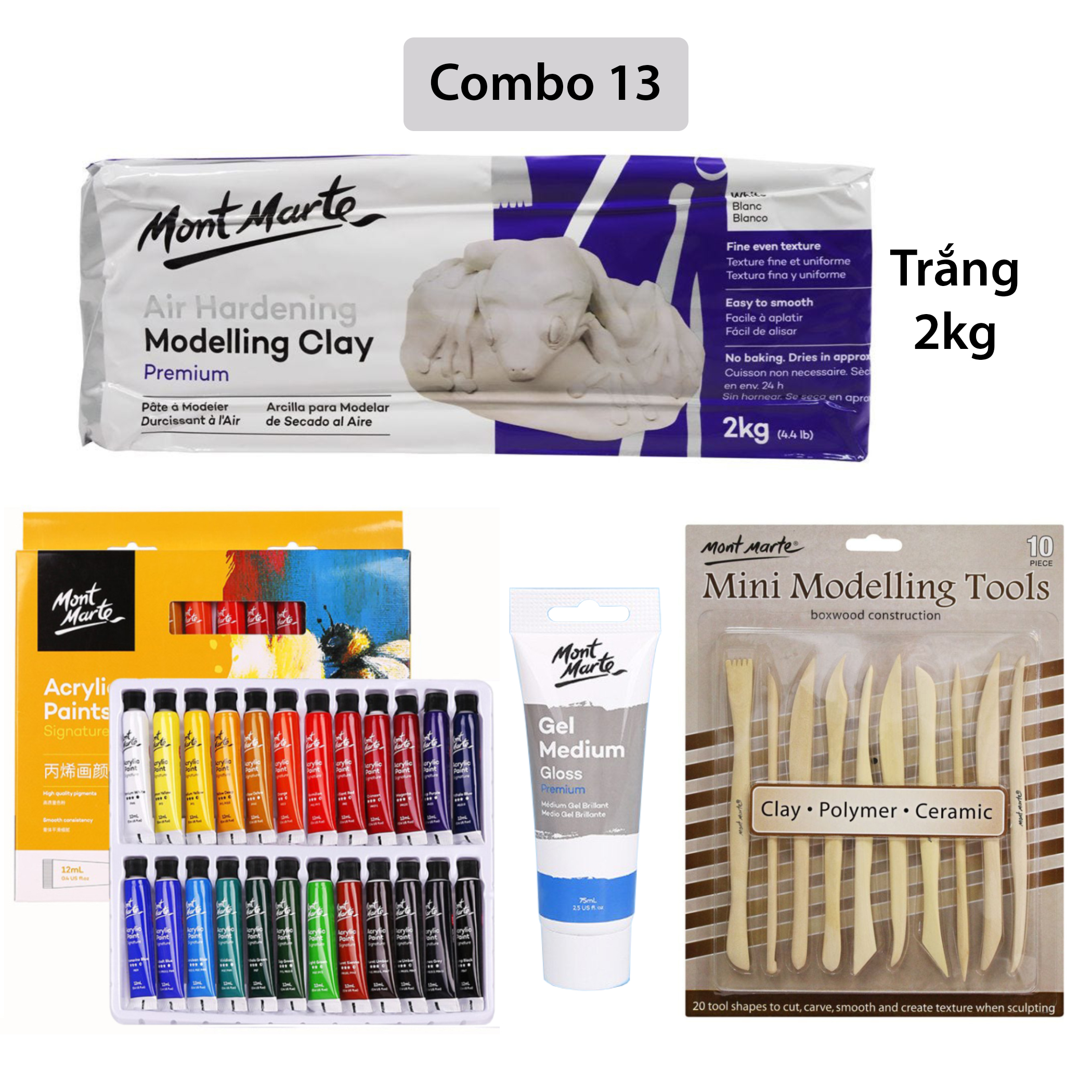 [Giao Hỏa Tốc] Combo Đất Sét Tự Khô 2kg Mont Marte và dụng cụ (Air Hardening Modelling Clay)