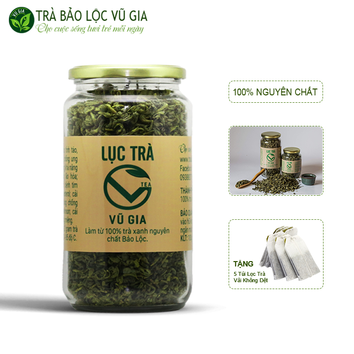Lục Trà Nguyên Chất Bảo Lộc Vũ Gia (100gr/hũ) + Tặng 5 Túi Lọc Trà - Cải thiện dạ dày, tiêu hóa, giảm stress, kích thích ăn ngon ngủ sâu - Đã được kiểm nghiệm y tế