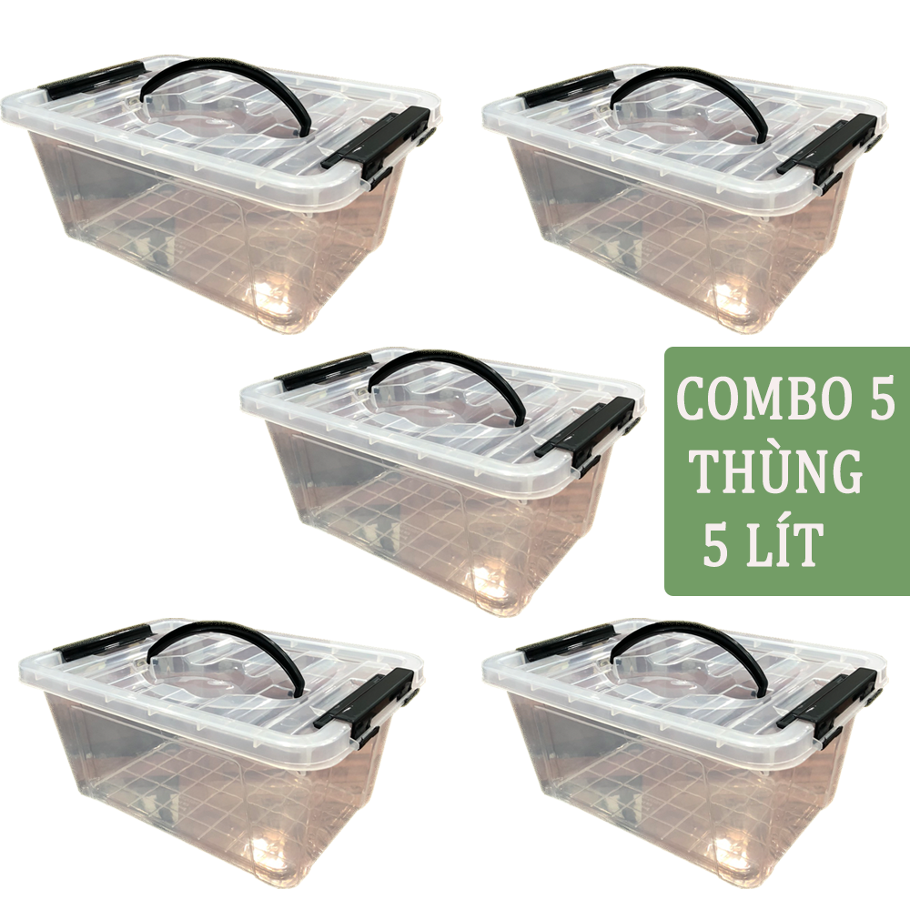 [COMBO 5 THÙNG_PL] Thùng Nhựa 5000ml (5 lít) Trong Suốt Đựng Đồ Đa Năng có Quai Xách - Kích thước thùng : 28 cm - 20 cm - 14.5 cm