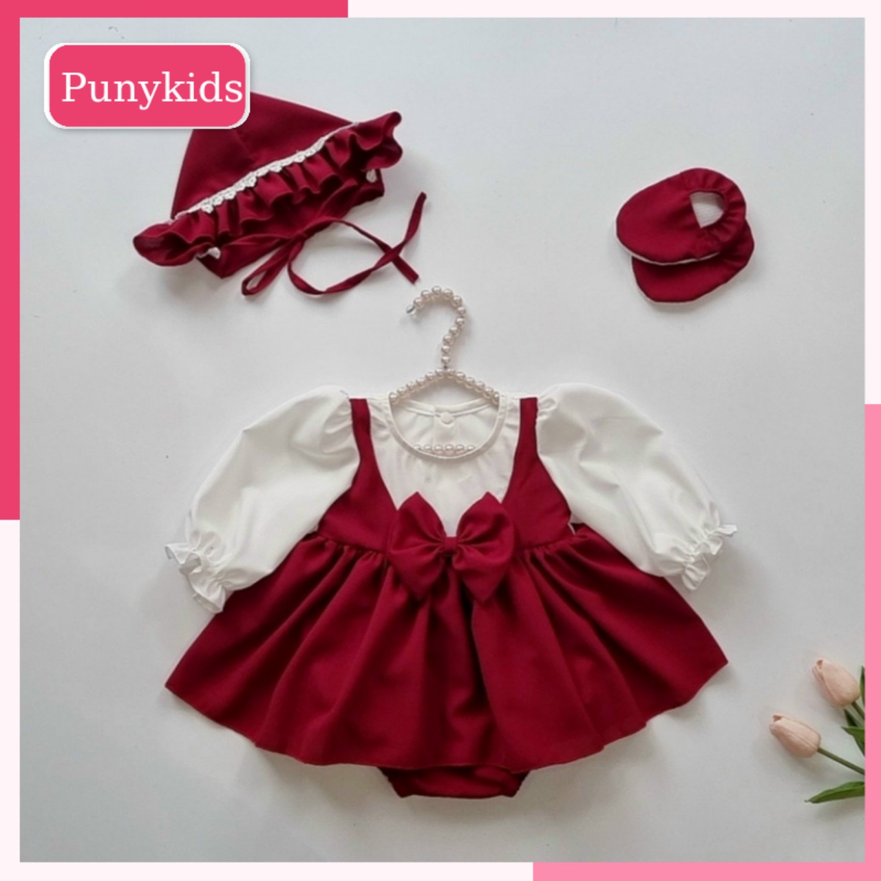 Váy bé gái sơ sinh punykids. body đầy tháng cho bé tặng kèm mũ và tất. bodysuit cho bé sơ sinh 0 12 tháng