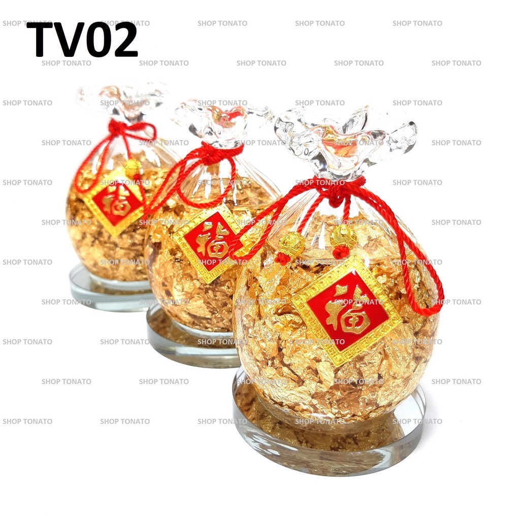 Túi tiền vàng phong thủy 02 đế thủy tinh cao 11cm