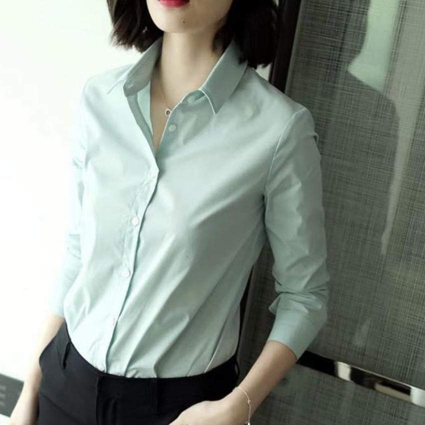 Áo sơ mi nữ dài tay màu xanh lơ SM021 Thời trang PONIVALAZA cao cấp chất vải mềm mịn thấm hút mồ hôi tốt
