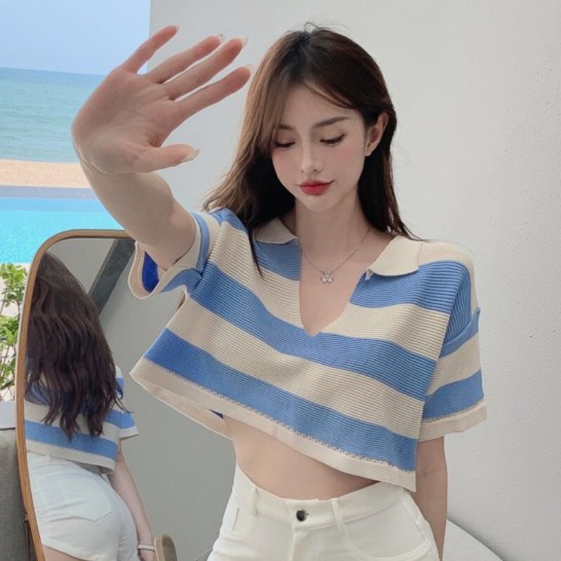 Áo Croptop Len Kẻ Dáng Rộng Hàng QC (VIDEO, ẢNH THẬT)