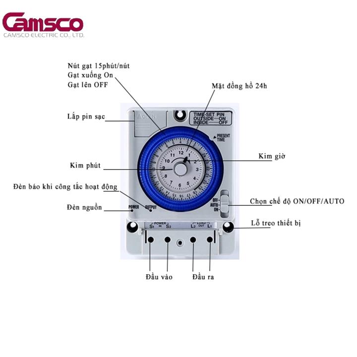 Bộ Công Tắc Hẹn Giờ Cơ Rơle Timer 24 Giờ Camsco Model TB35N
