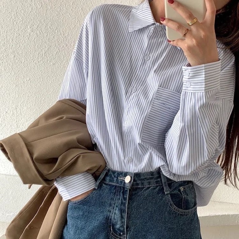 SƠ MI KẺ SỌC XANH TÚI NGỰC BASIC FORM THỤNG