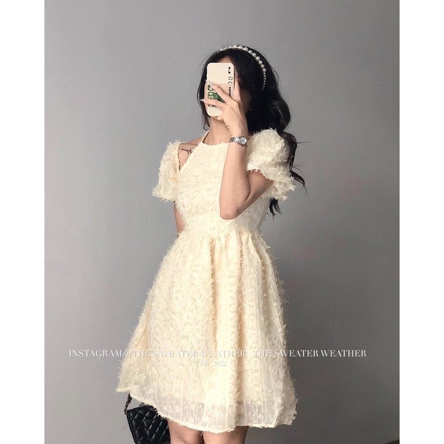 Đầm lông vũ thiết kế cổ yếm tay bồng / Váy nữ dáng xòe 2 màu sang chảnh phong cách ulzzang - mocshop