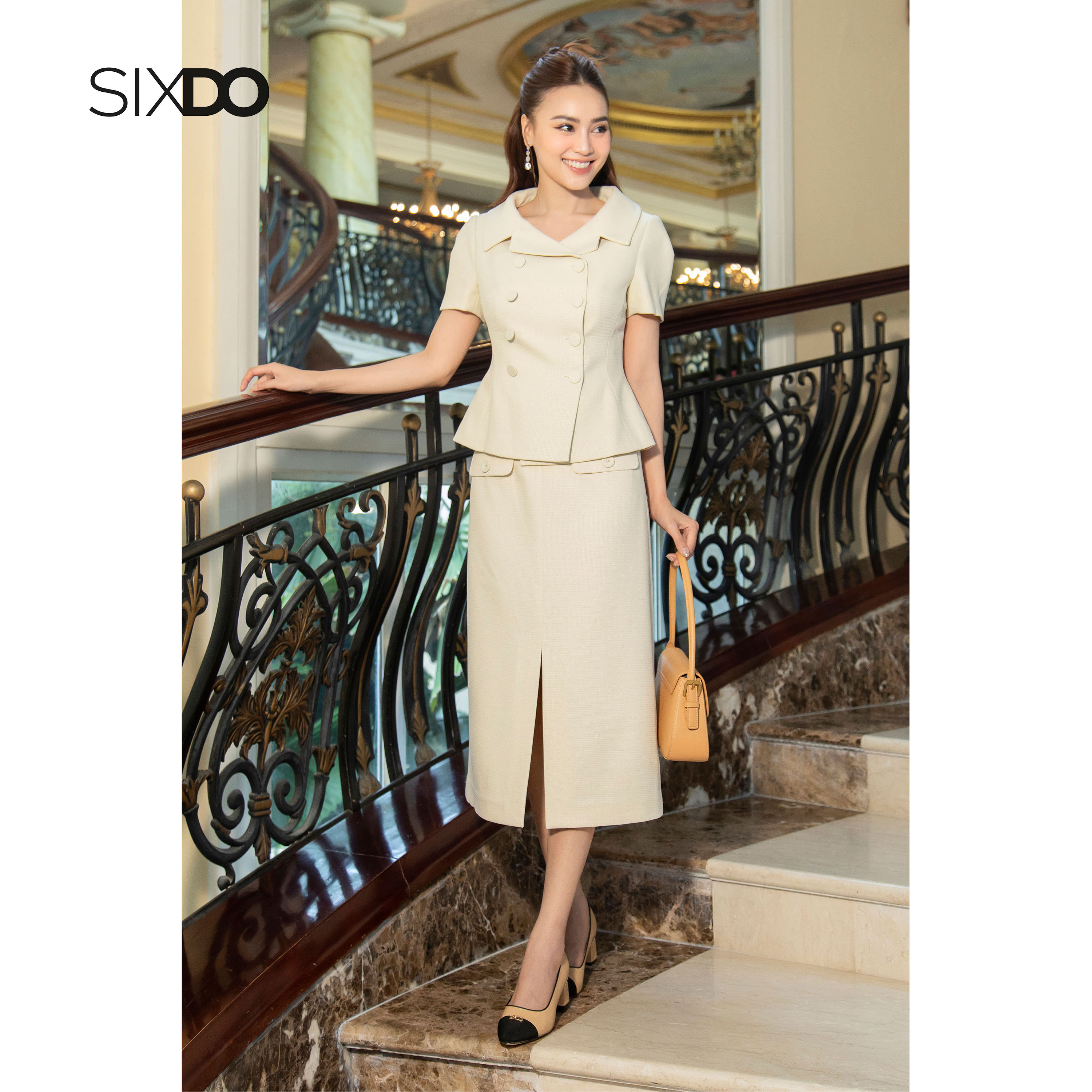 Áo Vest nữ kem tay phồng SIXDO (Cream Double Breasted Raw Vest)