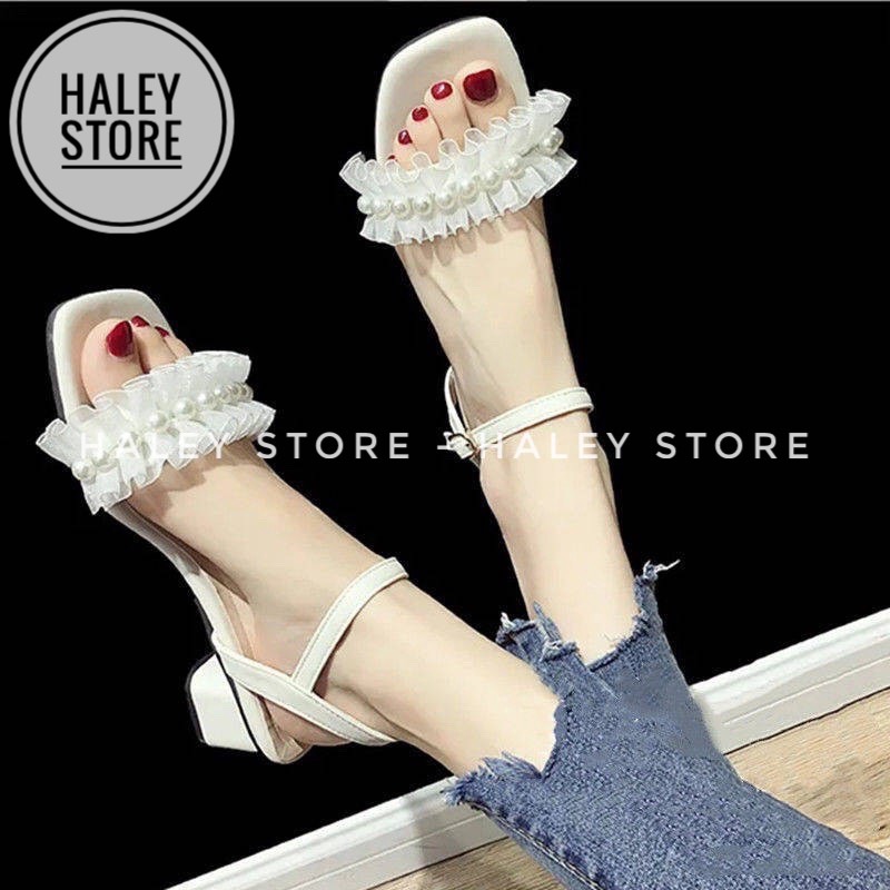 Giày sandal nữ HALEY STORE gót vuông cao 6cm dễ đi quai ngang đính ren ngọc đi chơi đi tiệc đi cưới cô dâu đi du lịch sang chảnh tiểu thư hottrend