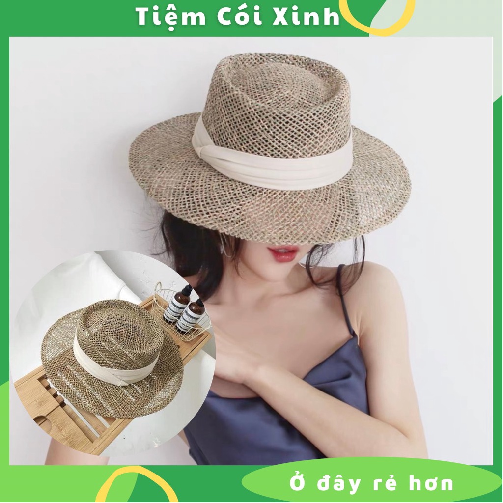 Mũ cói panama cỏ biển đan thưa cao cấp nón đi biển gaucho vành ngang tiệm cói xinh