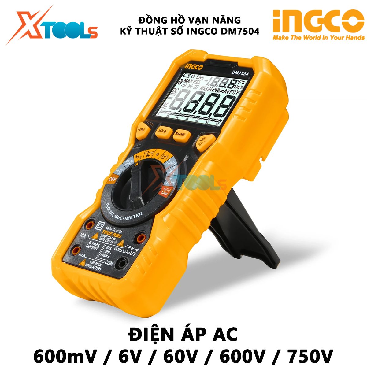 Đồng hồ vạn năng kỹ thuật số INGCO DM7504 Đồng hồ đo điện RMS Tần số, đo điện áp, dòng điện AC/DC, đo tần số và nhiệt độ