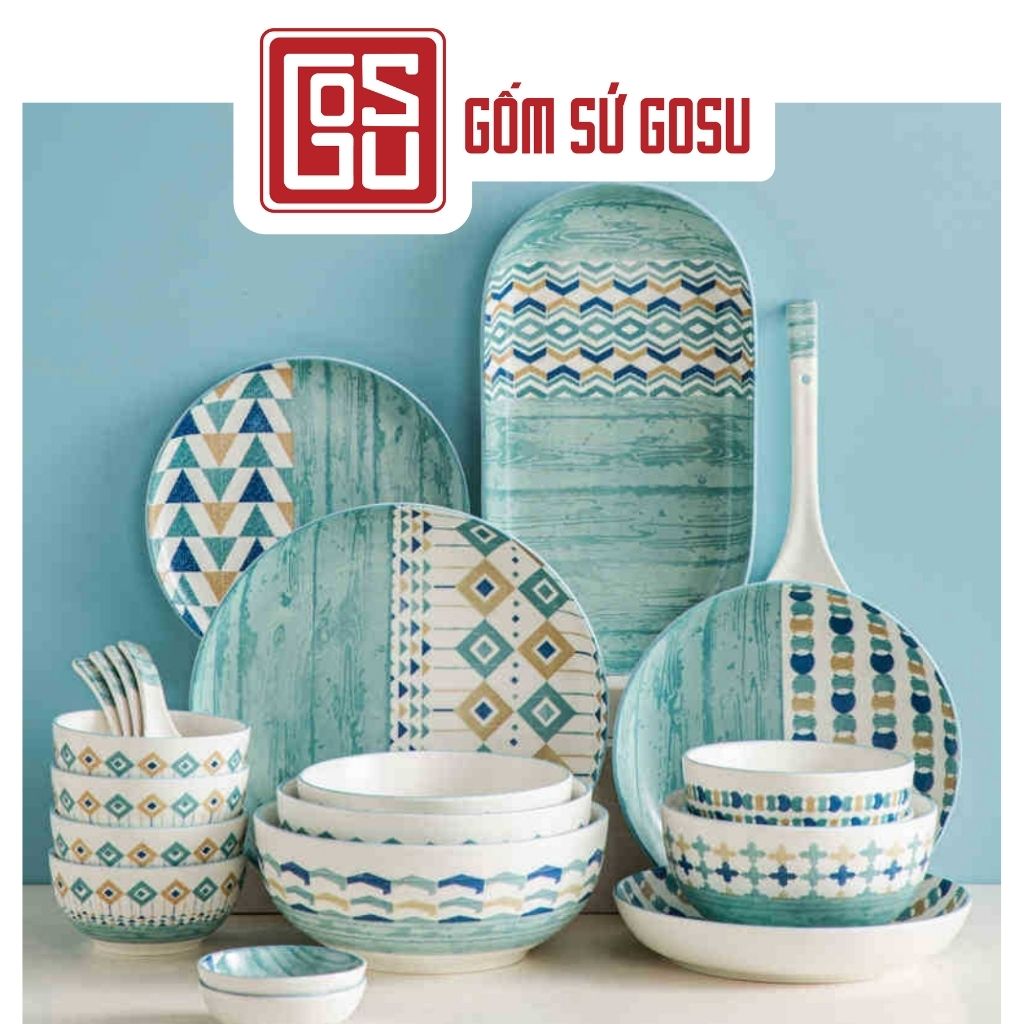 Bộ chén đĩa cao cấp, bát đĩa xanh đại dương