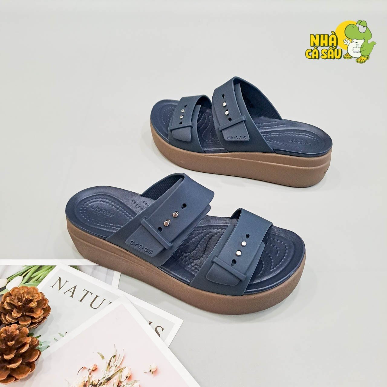 (Real photo) sandals Crocs Đế high 5 stool Brooklyn mid wedge version 2 multi-color, sandals horizontal straps buttoned Brooklyn-CR