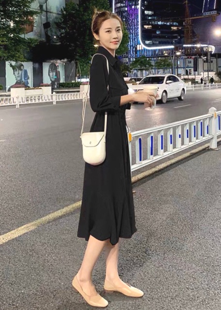 Váy Đi Tiệc Cưới Sơ Mi Túi Hộp Đuôi Cá Phong Cách Quý Cô Sang Chảnh, Đầm Nữ Dự Tiệc Tay Dài Buộc Eo Màu Xanh Mint Đỏ Đen Hồng - DM811