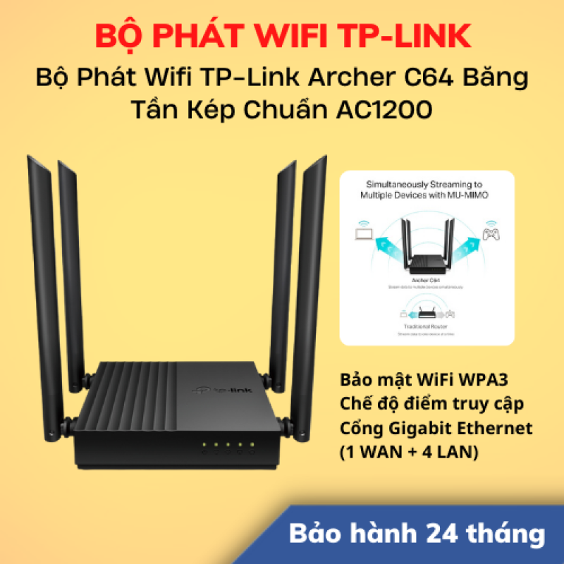 [Hoả Tốc 4h - HCM] Bộ Phát Wifi TP-Link Archer C64 Băng Tần Kép Chuẩn AC1200 Gigabit | Hàng Chính Hãng | Bảo Hành 24 Tháng  | LSB Store