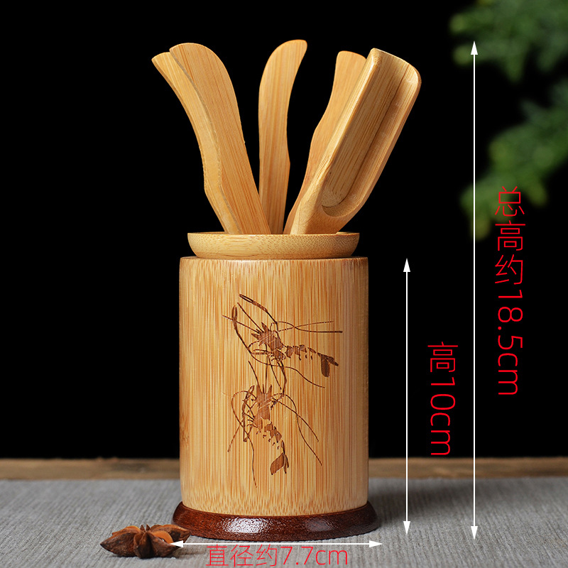 Bộ dụng cụ pha trà đạo, bộ cung nhãn bằng tre già tự nhiên khắc họa tiết hoa sen, chú tiểu