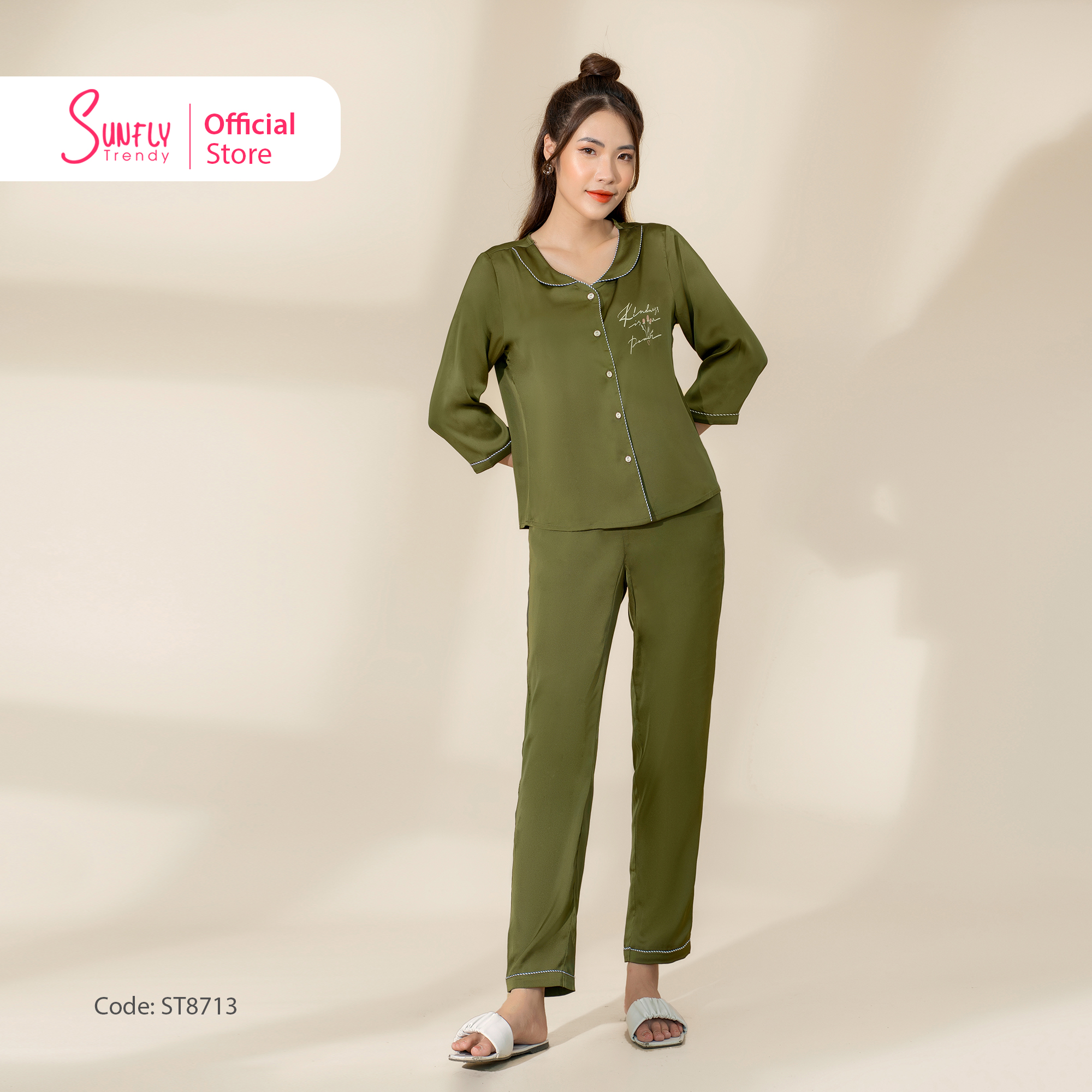Bộ Pijama lụa nữ mặc nhà Sunfly Bộ đồ mặc nhà nữ áo tay lỡ quần dài Chất Lụa Mềm Mịn Thoáng Mát ST8713