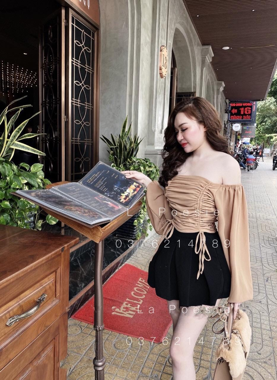 Áo Voan Tay Dài Kiểu Cổ Vuông Phối Dây Rút Hai Bên Eo Duyên Dáng TTS0744A