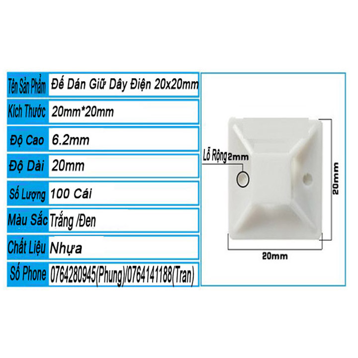 Đế Miếng Dán Dây Rút, Dây Thít - 20x20mm - 100 Cái