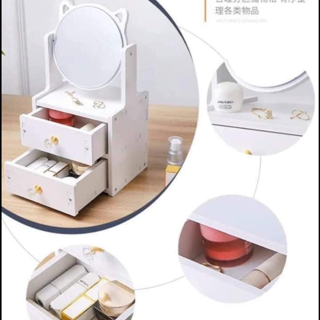 Kệ đựng đồ, để mỹ phẩm 2 tầng hình mèo xinh xắn có gương-tủ mỹ phẩm có gương tai mèo - kệ mỹ phẩm, tủ đựng mỹ phẩm mini có gương trang điểm hình tai mèo dễ thương, cute