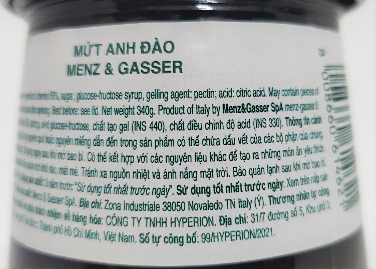 [Lọ 340g – CHERRY ] MỨT QUẢ ANH ĐÀO [Italia] MENZ & GASSER Cherry Jam