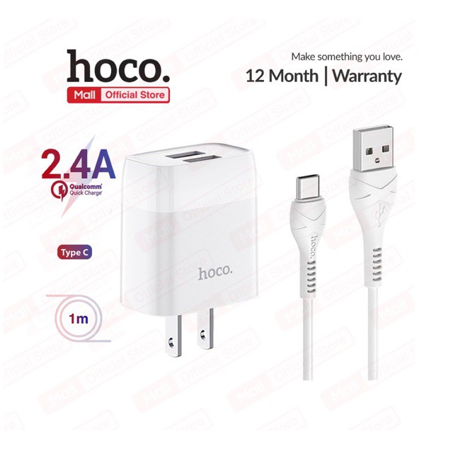 Sạc nhanh hoco c73 usb to type-c sạc nhanh 2.4a, cổng sạc 2 cổng, kèm dây cáp dẻo chống gập dài 1m