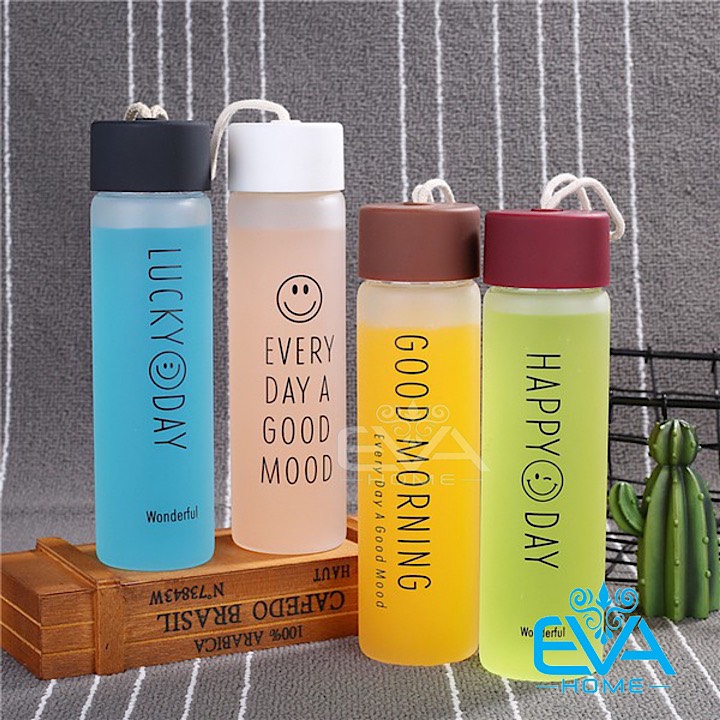 [HCM]Bình Nước Thuỷ Tinh Mờ Happy Day 400 Ml