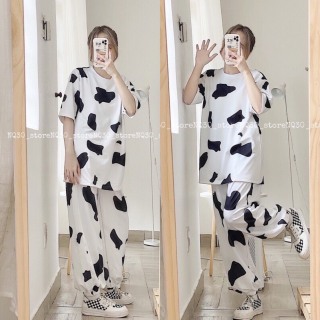 Set bộ quần áo nữ loang bò sữa dáng rộng thời trang unisex Áo thun cộc tay kèm quần jogger lưng cao chun bo gấu - mocshop | Đồ ngủ | DoLotNu.Org