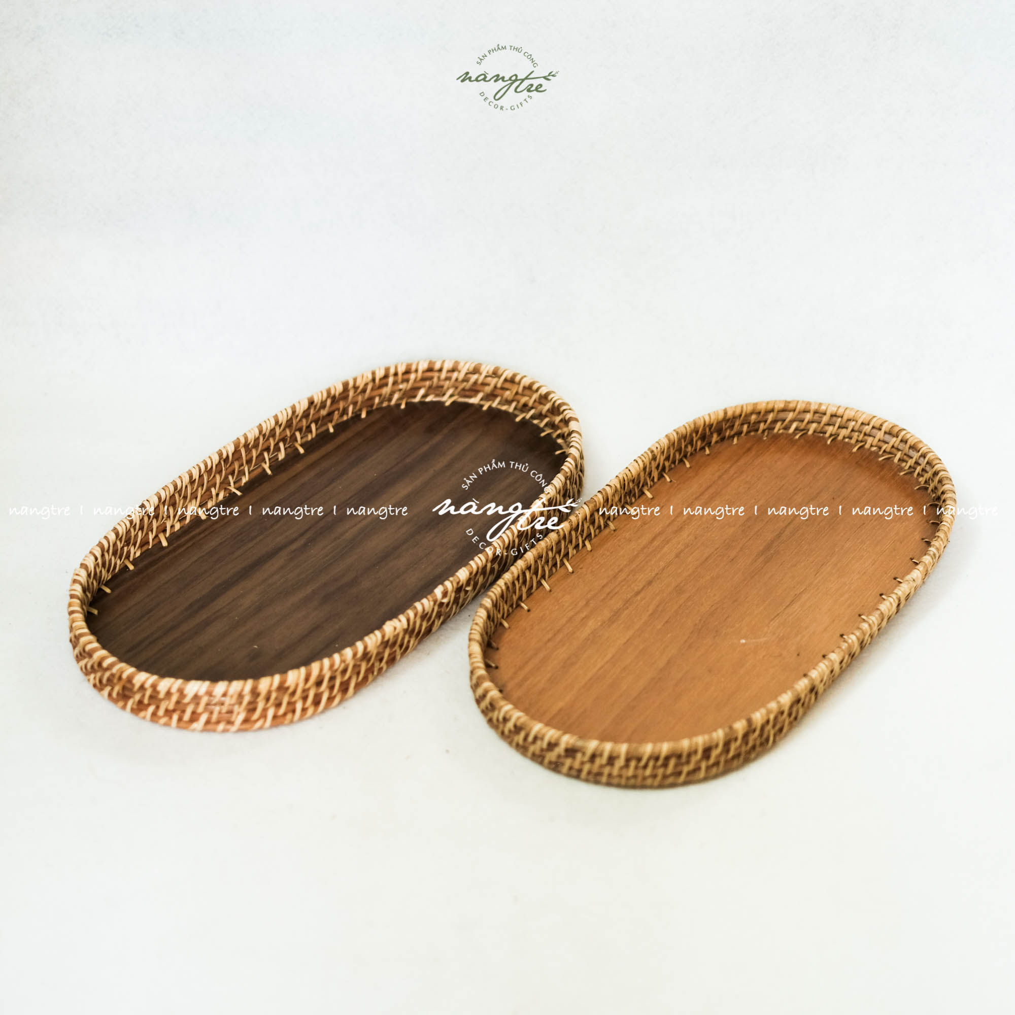[HCM]Khay mây oval - Khay oval đế gỗ óc chó - Oval rattan tray