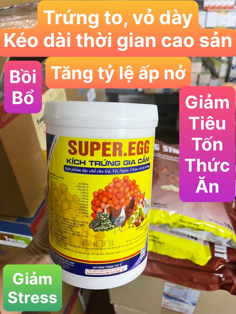 Kích trứng gia cầm SUPER EGG . Kích trứng cho gà đẻ, vịt đẻ, ngan đẻ, chim đẻ.... hàng luôn mới nhất, chuyên dùng cho động vật sinh sản.